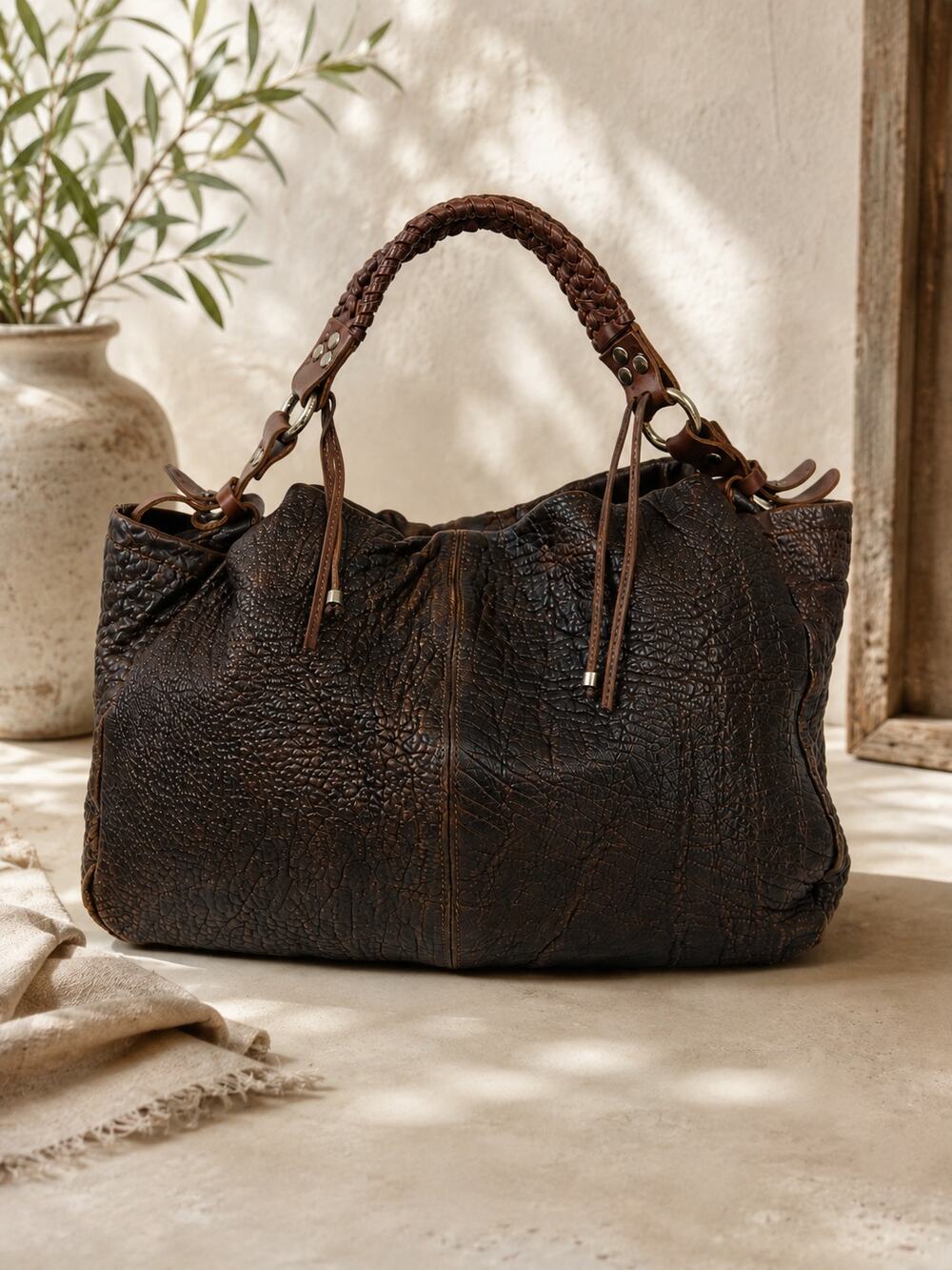 Sundance Textured Crinkled Calfskin Leather Satchel Brown Braided Handle Fringe